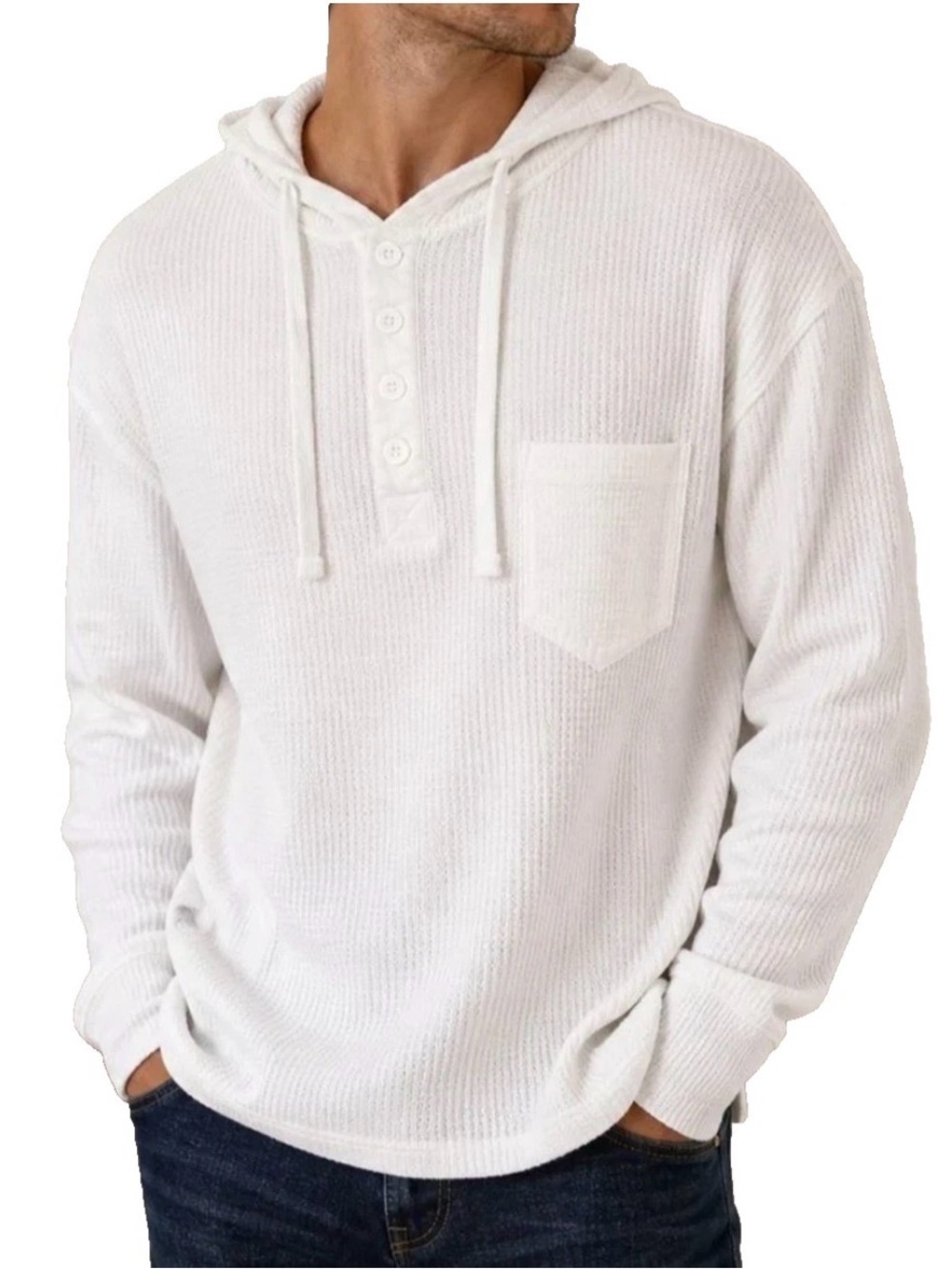 Kenneth Cole Men's Waffle Knit Henley Pullover Hoodie w/ Pocket,White